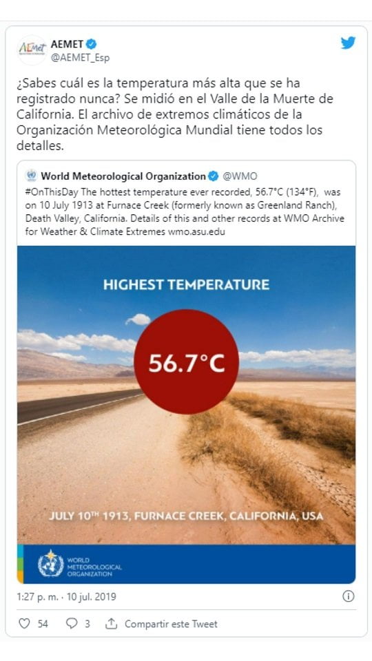 Imagen tuit de la aemet sobre el récord de temperatura mundial