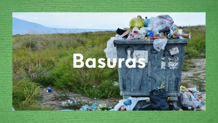 ¿A dónde va la basura que tiramos?¿Dónde van los residuos que no se reciclan? 53 Imagen con un contenedor de basuras junto al campo, completo y con restos por el suelo.