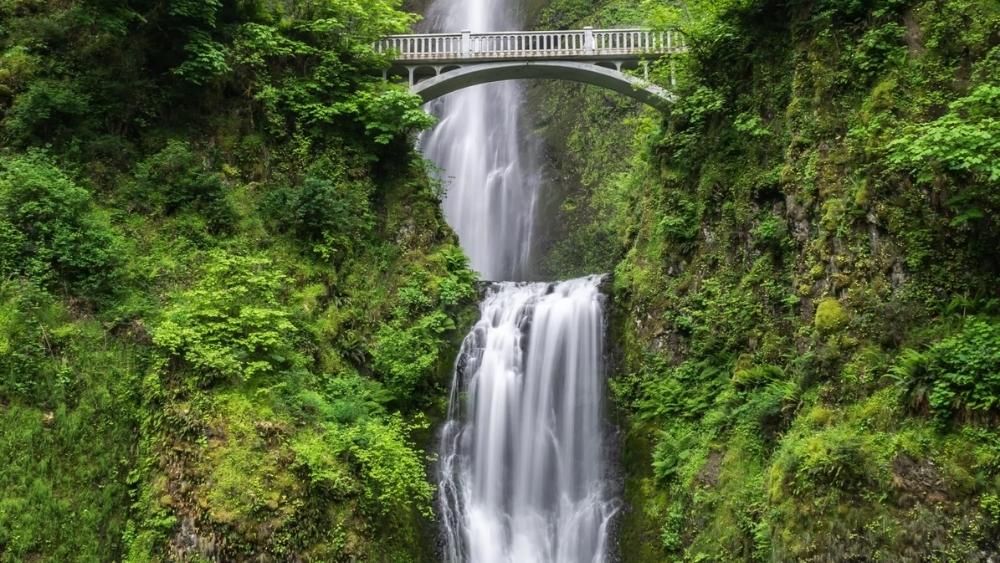 Foto de una gran cascada y un puente que cruza la montaña.