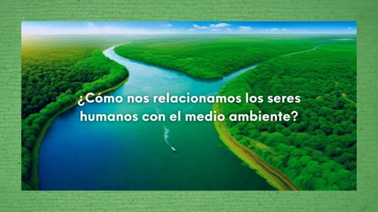 Cómo se relaciona el ser humano con el medio ambiente y ejemplos prácticos 15 Imagen ficticia de un paisaje con un río, árboles y un pequeño barco navegando en referencia a cómo nos relacionamos los seres humanos con el medio ambiente y con ejemplos.